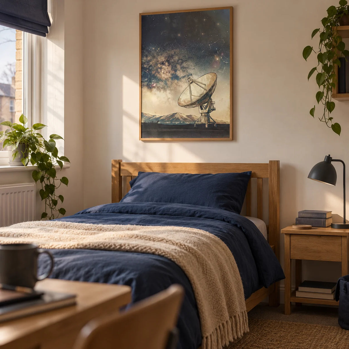 Satellite Art, framed on the wall of a thoughtfully furnished single bedroom for a science student (18-21) in a UK shared house with a warm white wall