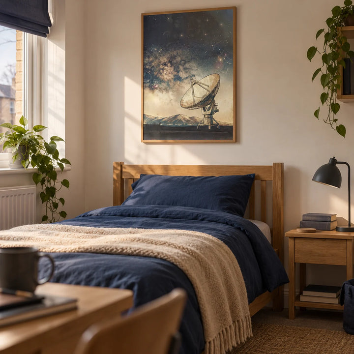 Satellite Art, framed on the wall of a thoughtfully furnished single bedroom for a science student (18-21) in a UK shared house with a warm white wall