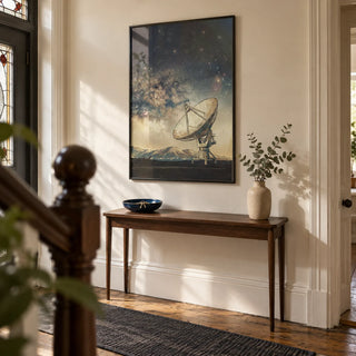 Satellite Art, framed on the wall of a welcoming hallway in a UK Victorian terrace with pale stone painted walls and original wooden floorboards