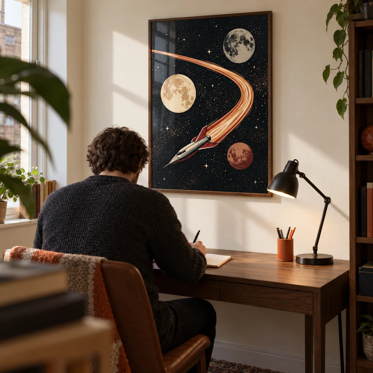 Space Themed Wall Art, framed on the wall of a compact home study in a UK flat for an adult science-fiction enthusiast (25-40)