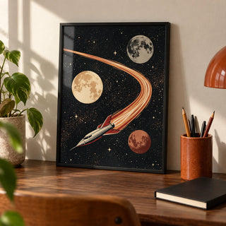 Space Themed Wall Art, a small A4 framed print leaning on a walnut desk