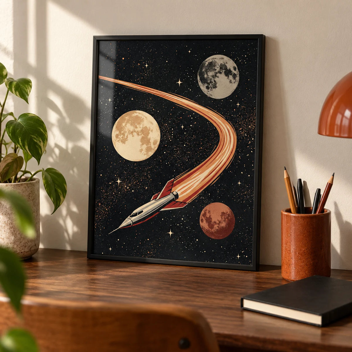 Space Themed Wall Art, a small A4 framed print leaning on a walnut desk