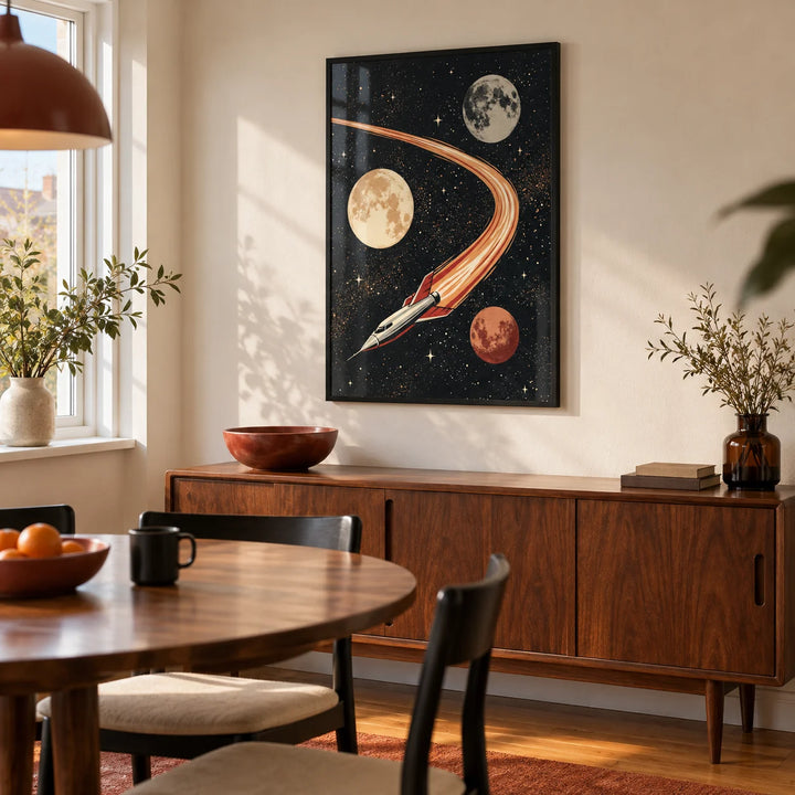 Space Themed Wall Art, framed on the wall of a small mid-century dining room in a UK maisonette with a warm white wall
