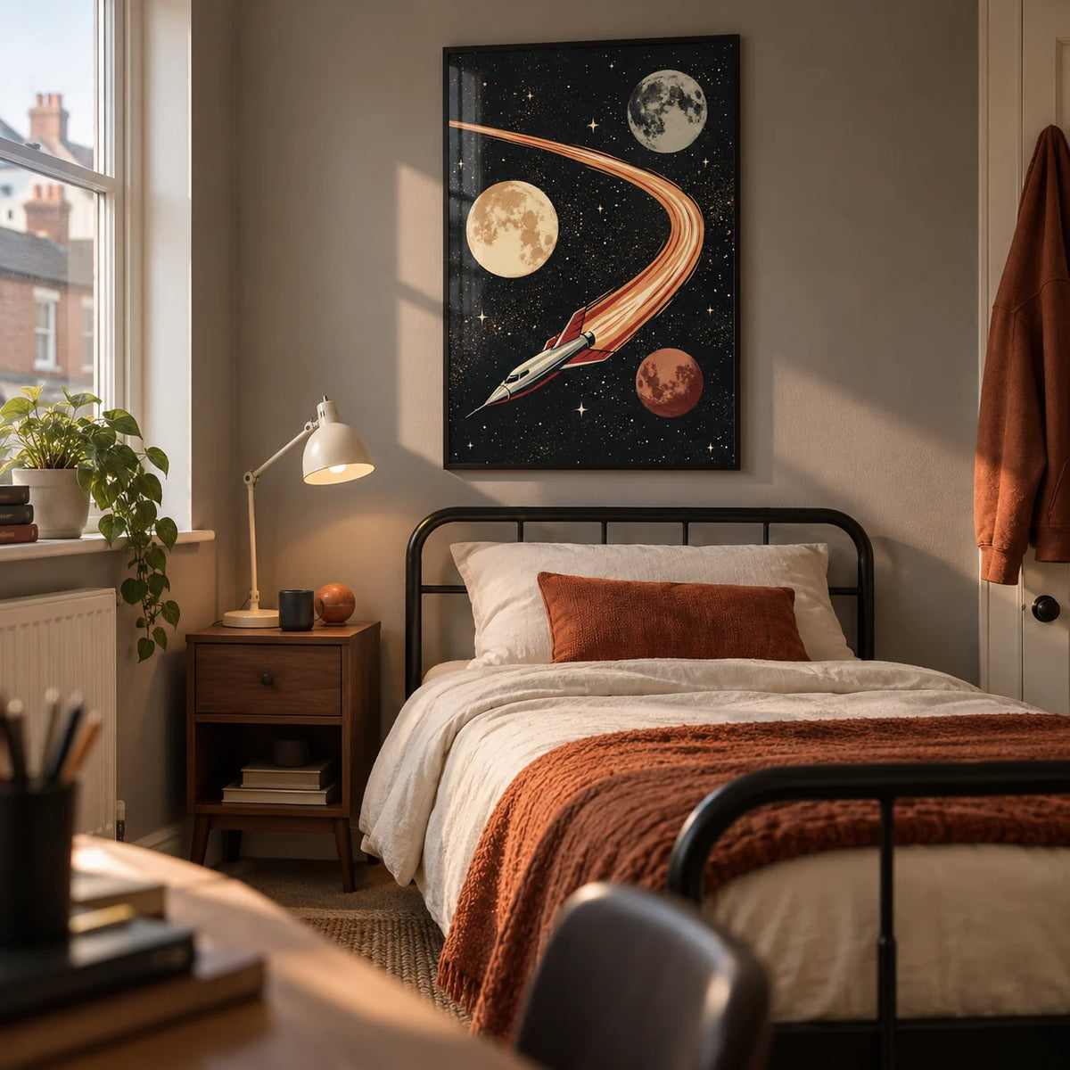 Space Themed Wall Art, framed on the wall of a space-loving teenager's single bedroom (13-17) in a UK terraced home with a warm grey wall