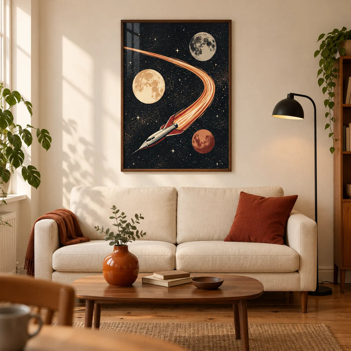 Space Themed Wall Art, framed on the wall of a warm retro living room in a UK first flat (22-28) with an ivory wall and wooden floorboards