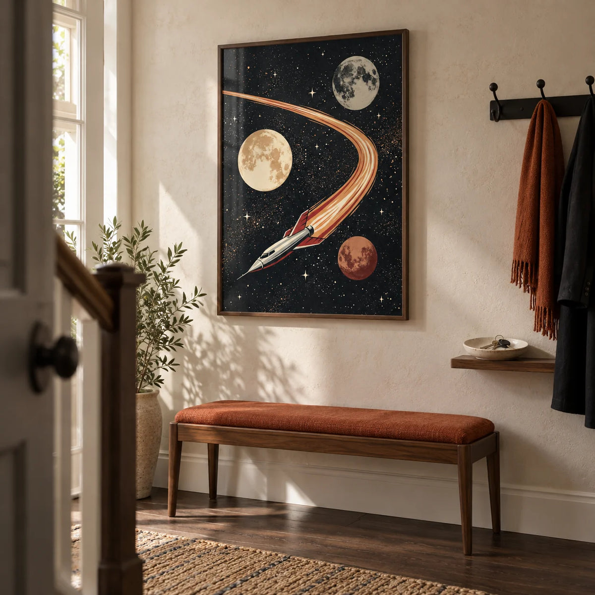 Space Themed Wall Art, framed on the wall of a welcoming hallway in a UK terraced house with a pale stone wall and dark wooden floor