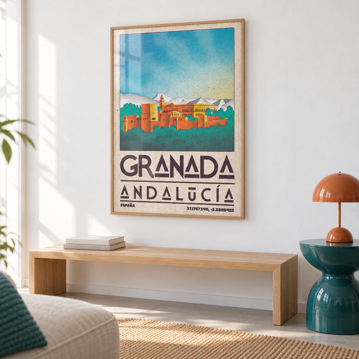 Spanish City Poster shown in a colourful minimalist room (frame not included)
