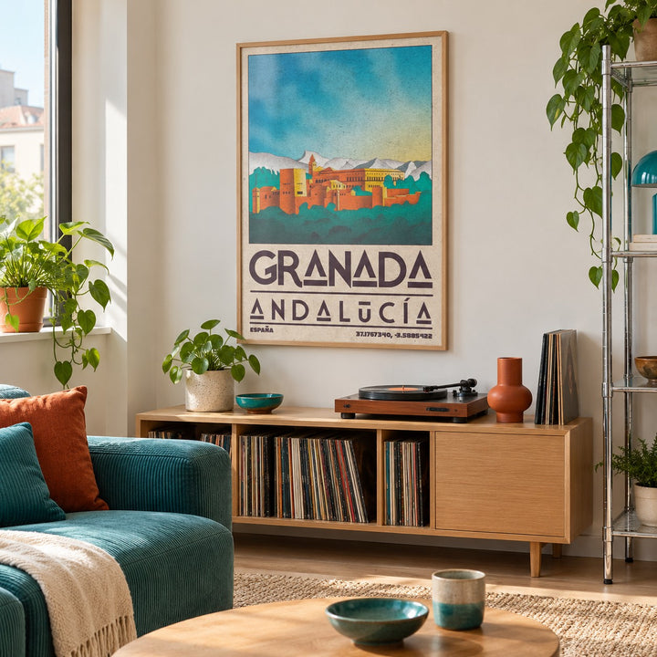 Spanish City Poster shown in a creative city apartment (frame not included)