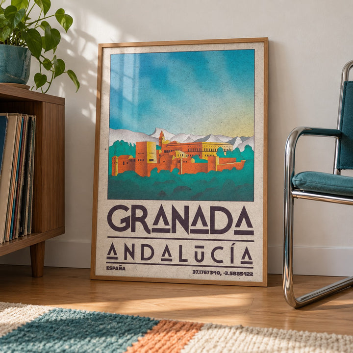 Spanish City Poster shown in a living room, leaning on the floor by a chrome chair (frame not included)