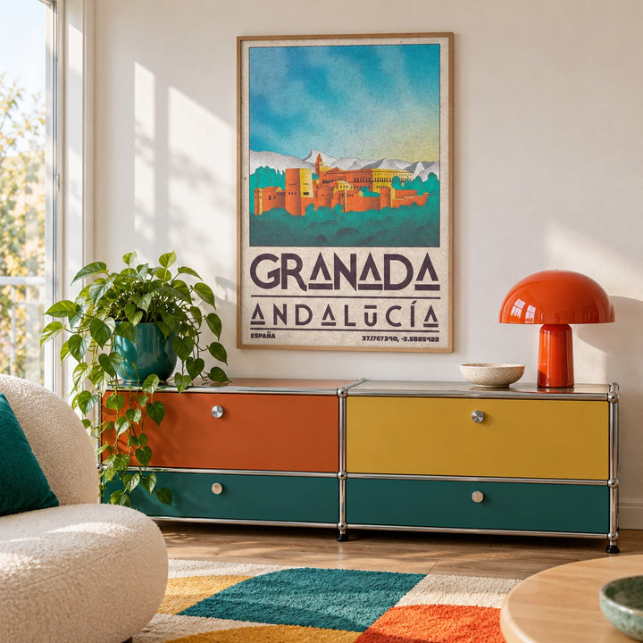 Spanish City Poster shown in a playful retro modern room (frame not included)