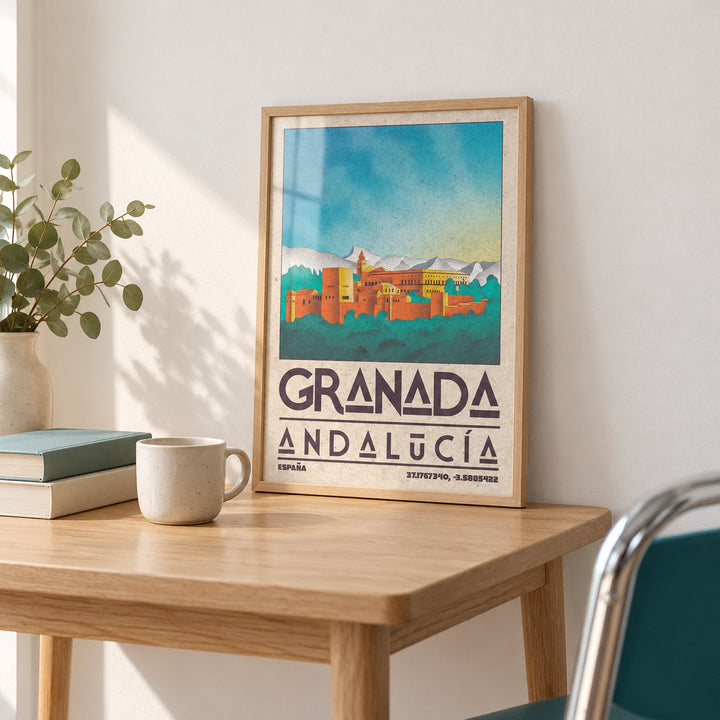 Spanish City Poster shown in the small A4 size on a side table (frame not included)