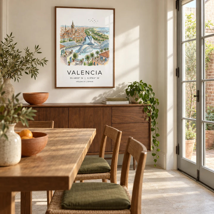 Spanish Landscape Poster, framed on the wall of a light dining room in a renovated UK terrace
