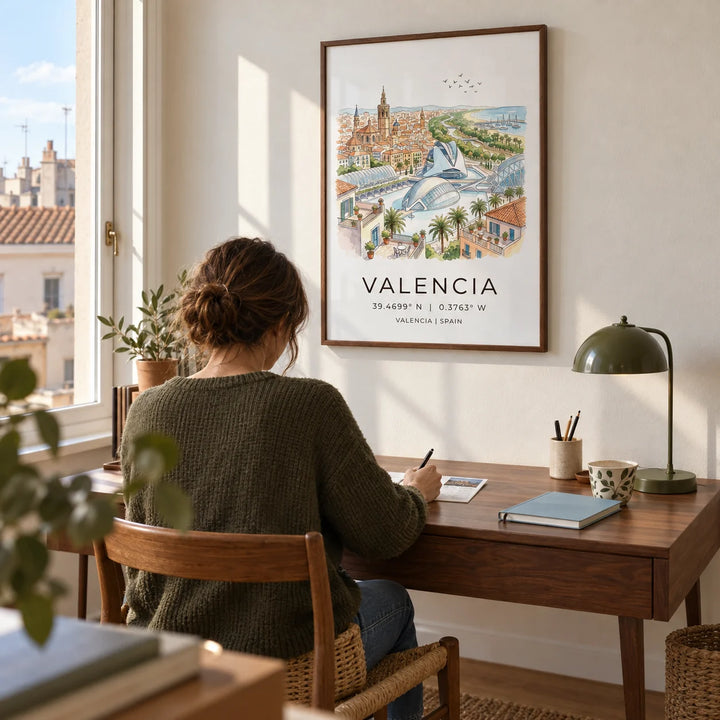 Spanish Landscape Poster, framed on the wall of a quiet home study in a UK flat with warm white walls and a window overlooking neighbouring rooftops