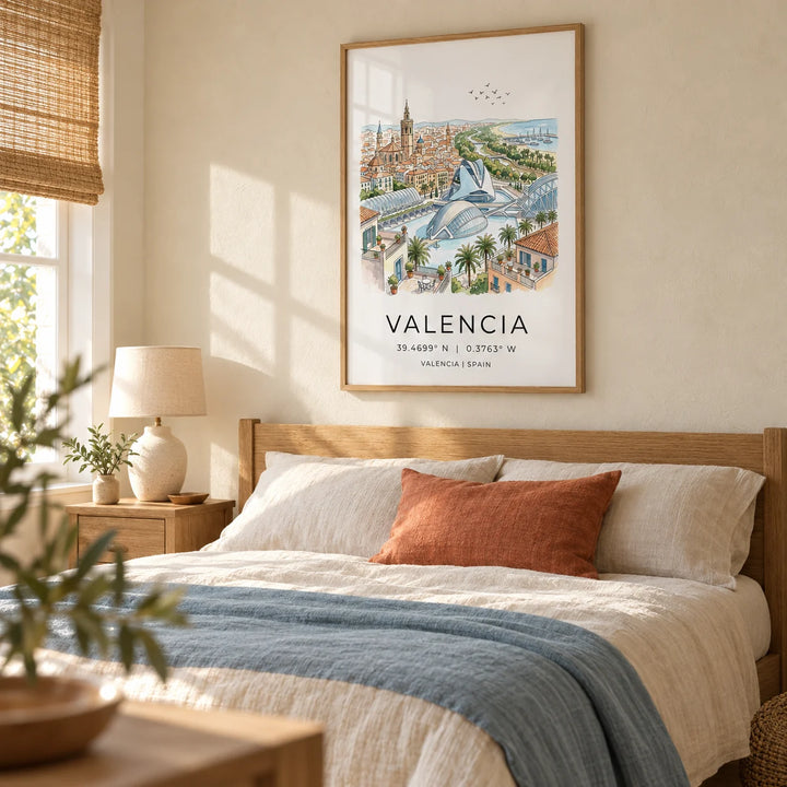 Spanish Landscape Poster, framed on the wall of a restful Mediterranean-inspired bedroom in a UK home with a warm ivory limewashed wall