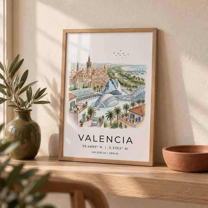 Spanish Landscape Poster, a small A4 framed print leaning on a pale oak shelf in a living room