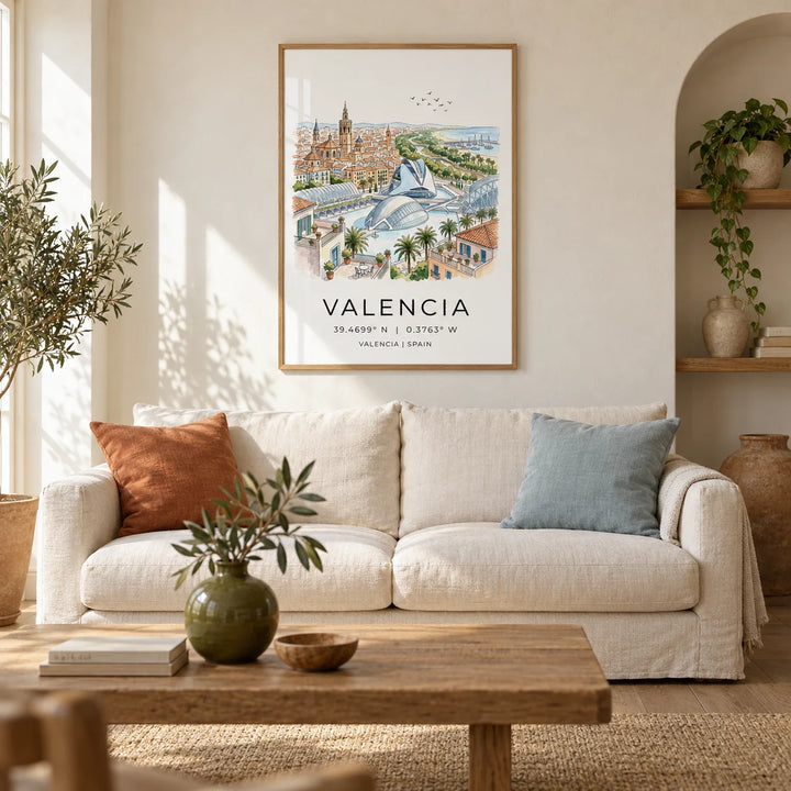 Spanish Landscape Poster, framed on the wall of a warm Mediterranean-inspired living room in a UK terraced house with ivory plaster walls