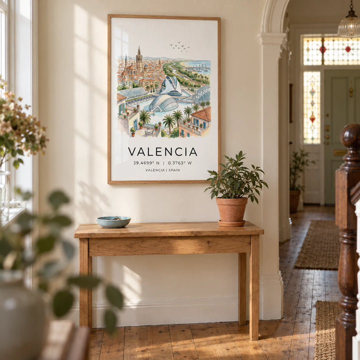 Spanish Landscape Poster, framed on the wall of a welcoming hallway in a Victorian UK home with a cream wall