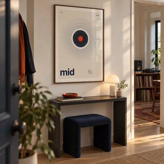Speaker Poster, framed on the wall of a design-led hallway in a first flat for a music lover aged 22-28