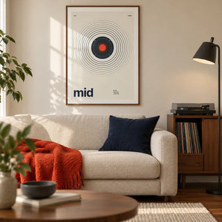 Speaker Poster, framed on the wall of a modern living room in a UK city flat with warm white walls and walnut flooring