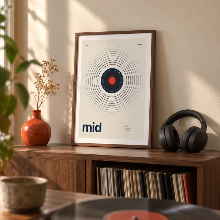 Speaker Poster, a small A4 framed print leaning on a shelf in a living room