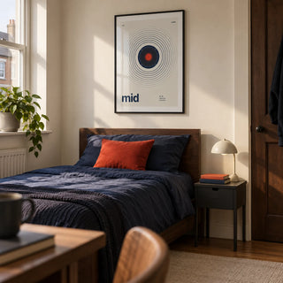 Speaker Poster, framed on the wall of a young adult's single bedroom in a UK flat