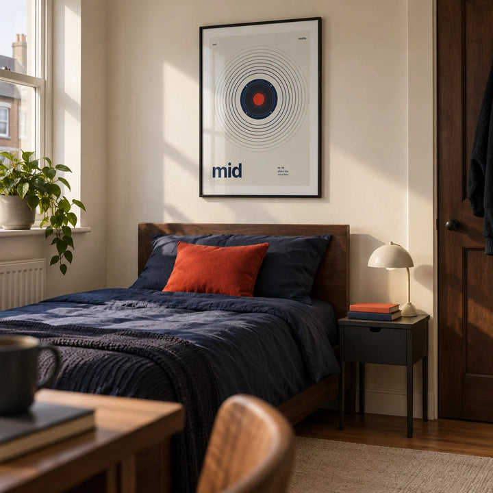 Speaker Poster, framed on the wall of a young adult's single bedroom in a UK flat
