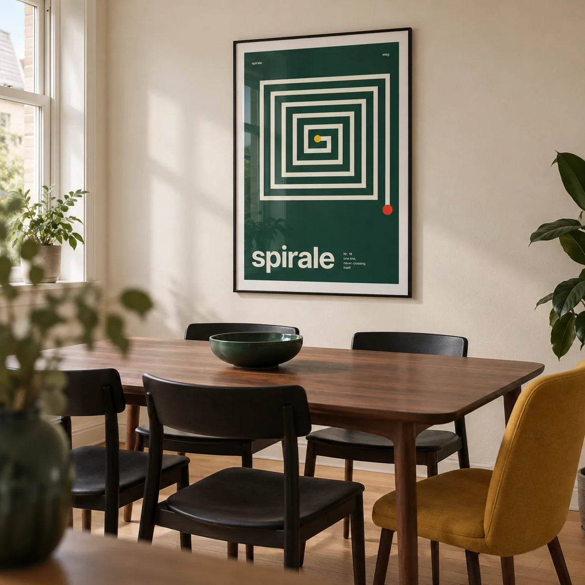 Spiral Print, framed on the wall of a compact modern dining room in a UK terraced house with a cream wall and oak floor