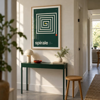 Spiral Print, framed on the wall of a crisp hallway in a renovated UK maisonette with off-white walls and a smooth grey floor