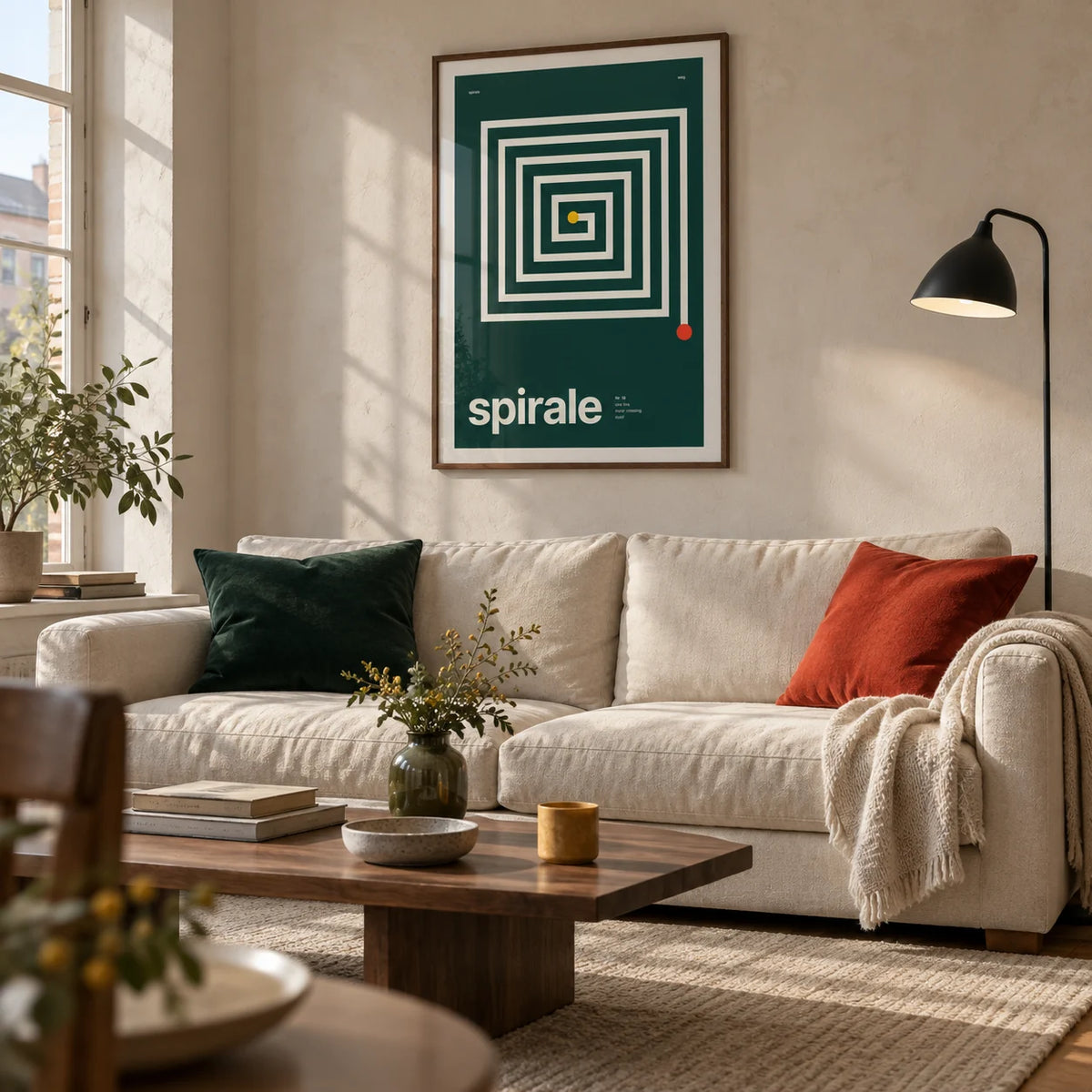 Spiral Print, framed on the wall of a design-led living room in a converted UK flat with pale plaster walls and a low walnut coffee table