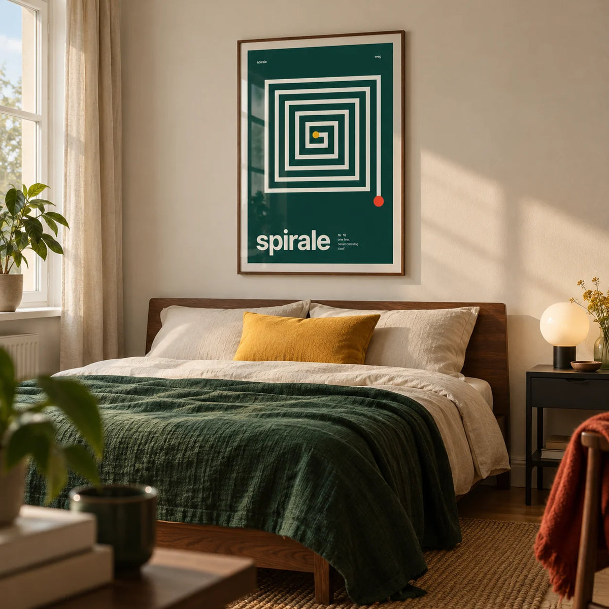 Spiral Print, framed on the wall of a modern bedroom in a design-conscious couple's UK flat with a warm cream wall