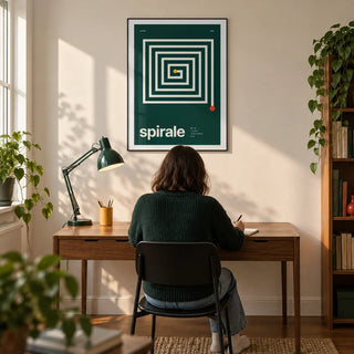 Spiral Print, framed on the wall of a modern home study in a UK city flat with a warm white wall and walnut floor
