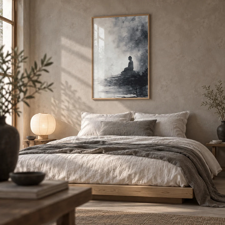 Spiritual Decor Poster, framed on the wall of a calm Japandi bedroom with a warm grey limewashed wall