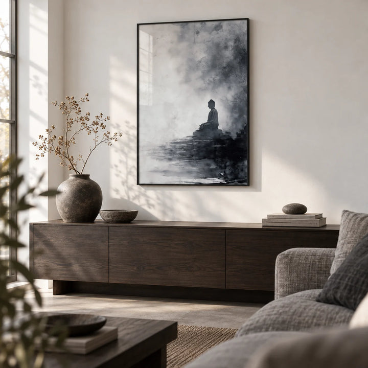 Spiritual Decor Poster, framed on the wall of a calm minimal living room with a soft white wall