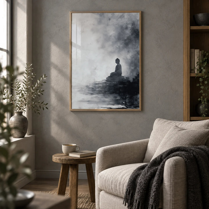Spiritual Decor Poster, framed on the wall of a quiet reading nook with a stone grey wall in a living room