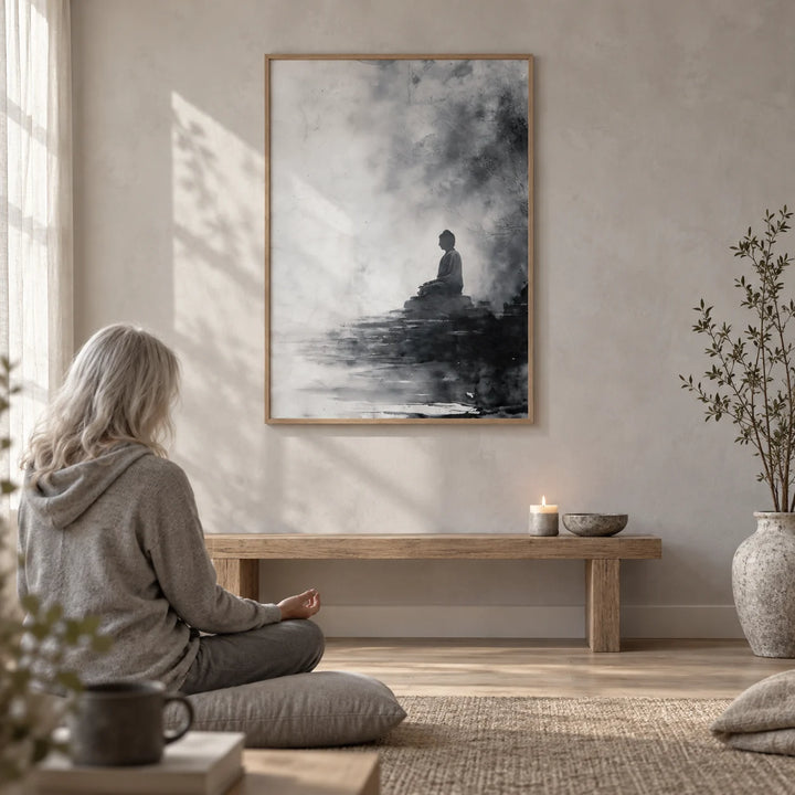 Spiritual Decor Poster, framed on the wall of a serene meditation room with a limewashed pale grey wall and a pale oak floor in a living room
