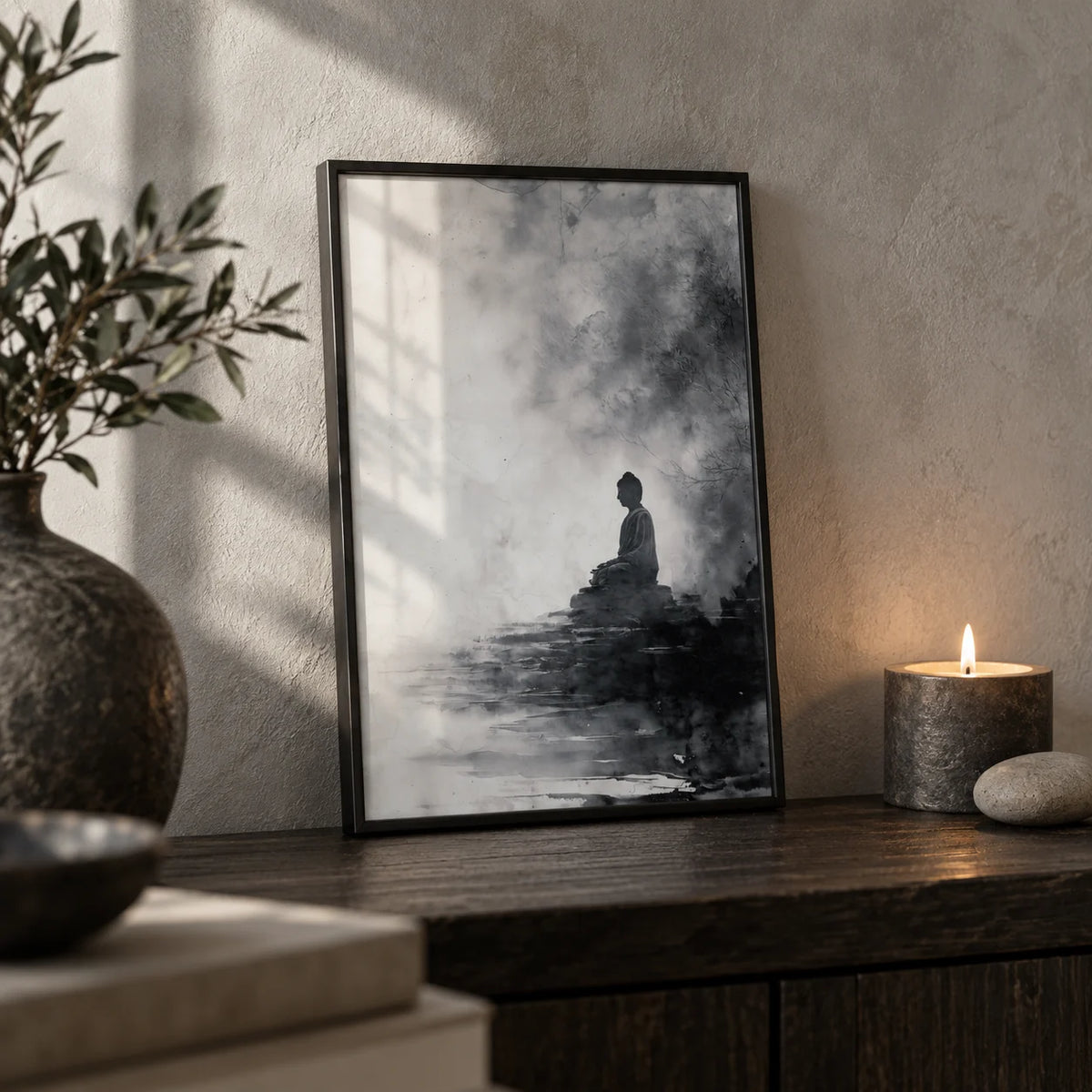 Spiritual Decor Poster, a small A4 framed print leaning on a dark wood shelf in a living room