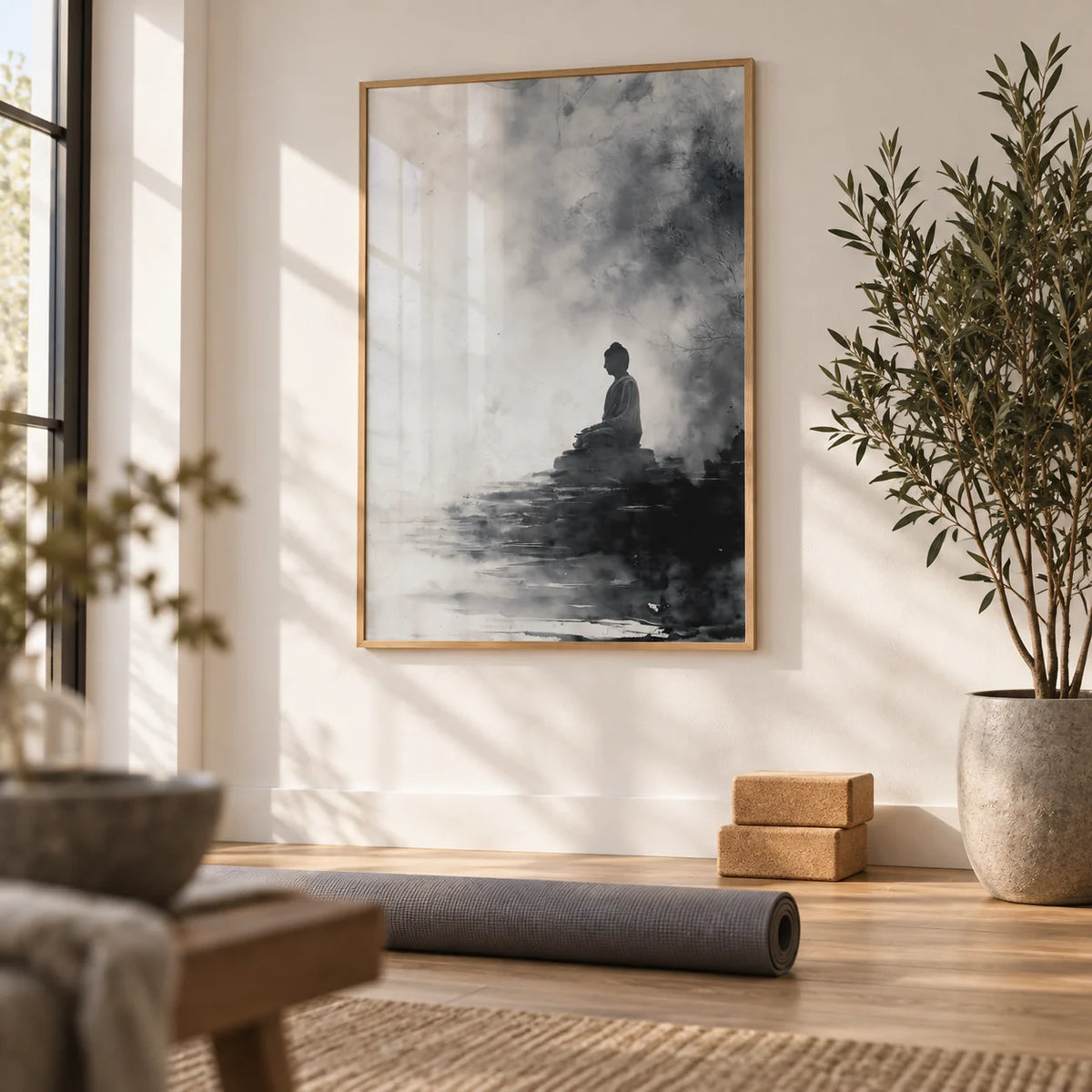 Spiritual Decor Poster, framed on the wall of a small home yoga studio with a white wall and an oak floor in a home office