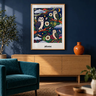 Spiritual Garden Poster, framed on the wall of a calm living room with a deep navy painted wall