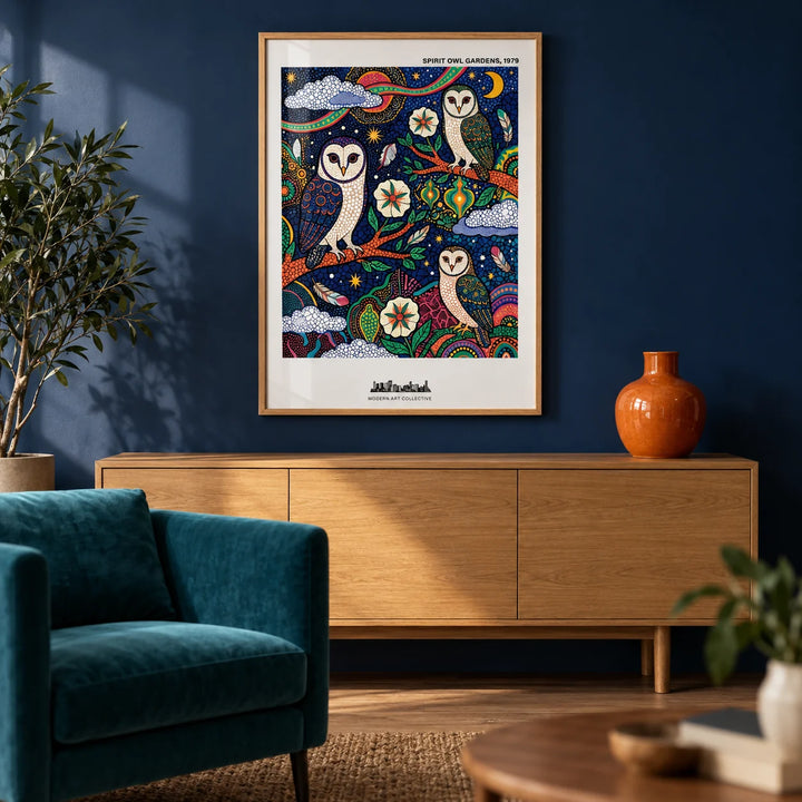 Spiritual Garden Poster, framed on the wall of a calm living room with a deep navy painted wall