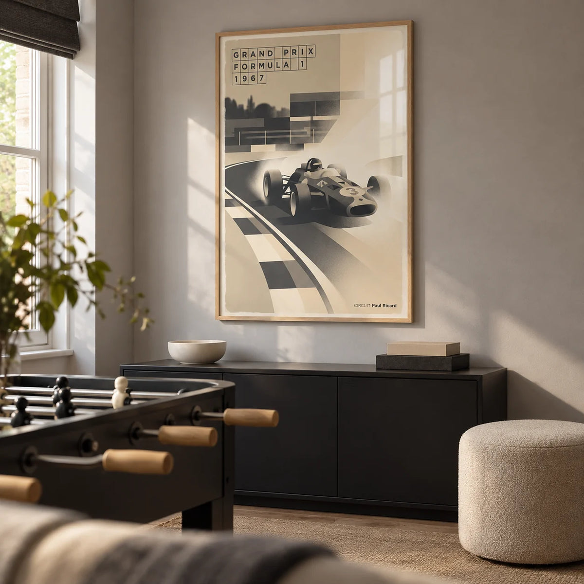 Sports Car Poster, framed on the wall of a compact adult games den in a converted UK spare room with a soft grey wall
