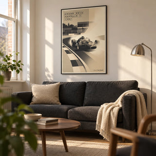 Sports Car Poster, framed on the wall of a retro modern living room in a young adult's first UK flat (22-28) with warm white walls and an oak floor
