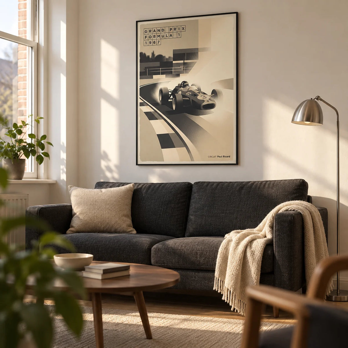 Sports Car Poster, framed on the wall of a retro modern living room in a young adult's first UK flat (22-28) with warm white walls and an oak floor