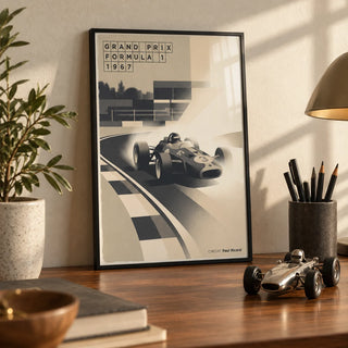 Sports Car Poster, a small A4 framed print leaning on a walnut desk