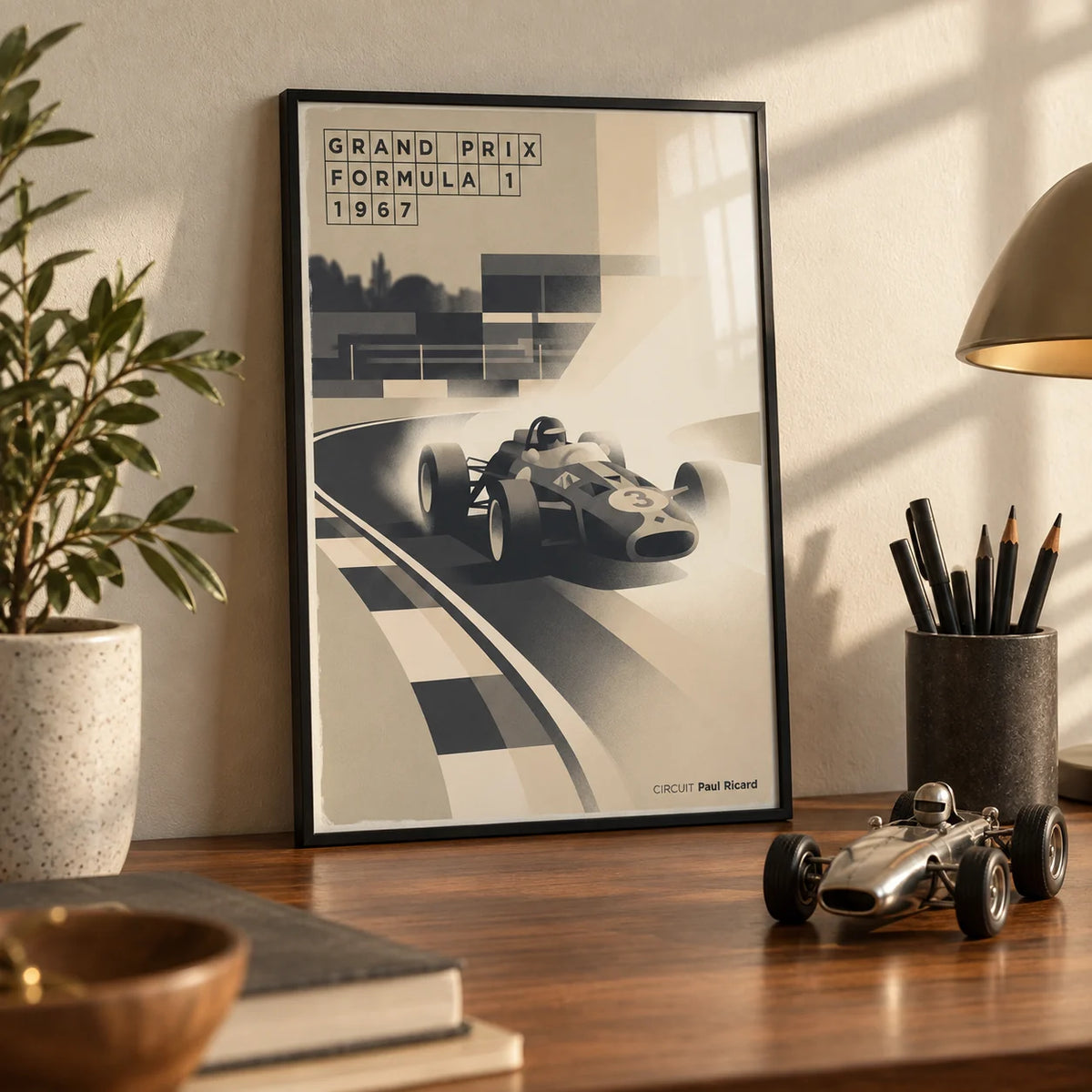 Sports Car Poster, a small A4 framed print leaning on a walnut desk