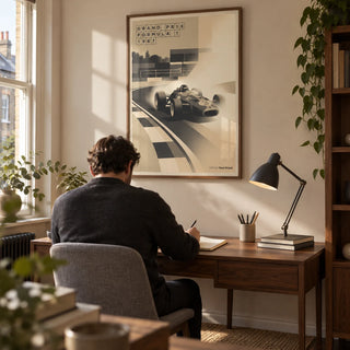 Sports Car Poster, framed on the wall of a warm modern home study in a UK terrace with a pale beige wall and walnut furniture