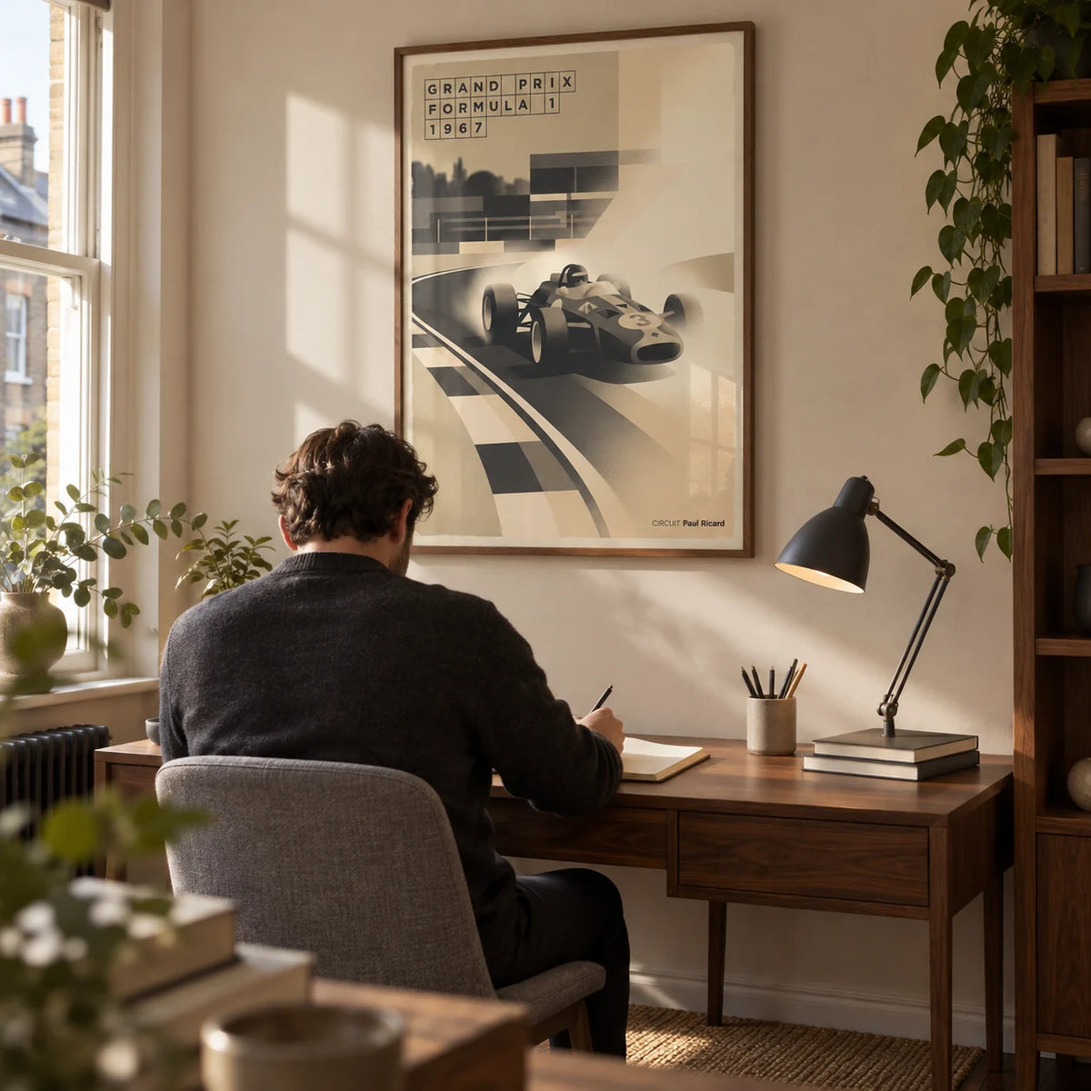 Sports Car Poster, framed on the wall of a warm modern home study in a UK terrace with a pale beige wall and walnut furniture