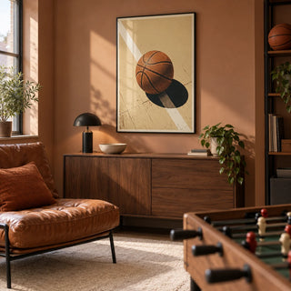 Sports Wall Art, framed on the wall of a compact basketball fan's games snug in a UK maisonette with muted clay walls and a plain cream rug in a living room