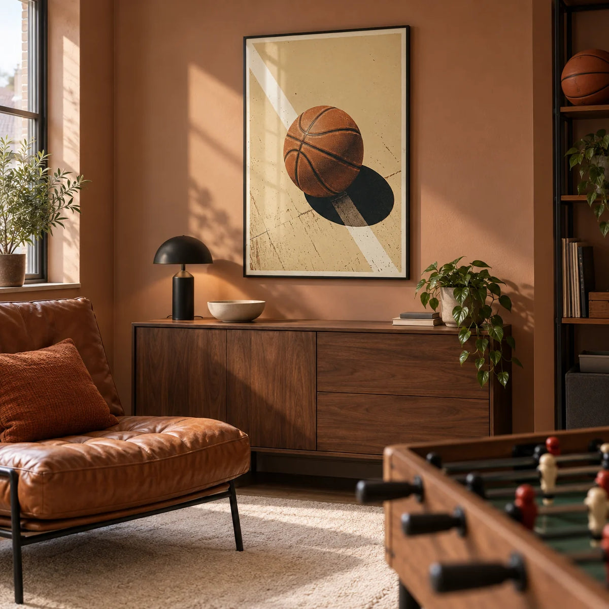 Sports Wall Art, framed on the wall of a compact basketball fan's games snug in a UK maisonette with muted clay walls and a plain cream rug in a living room