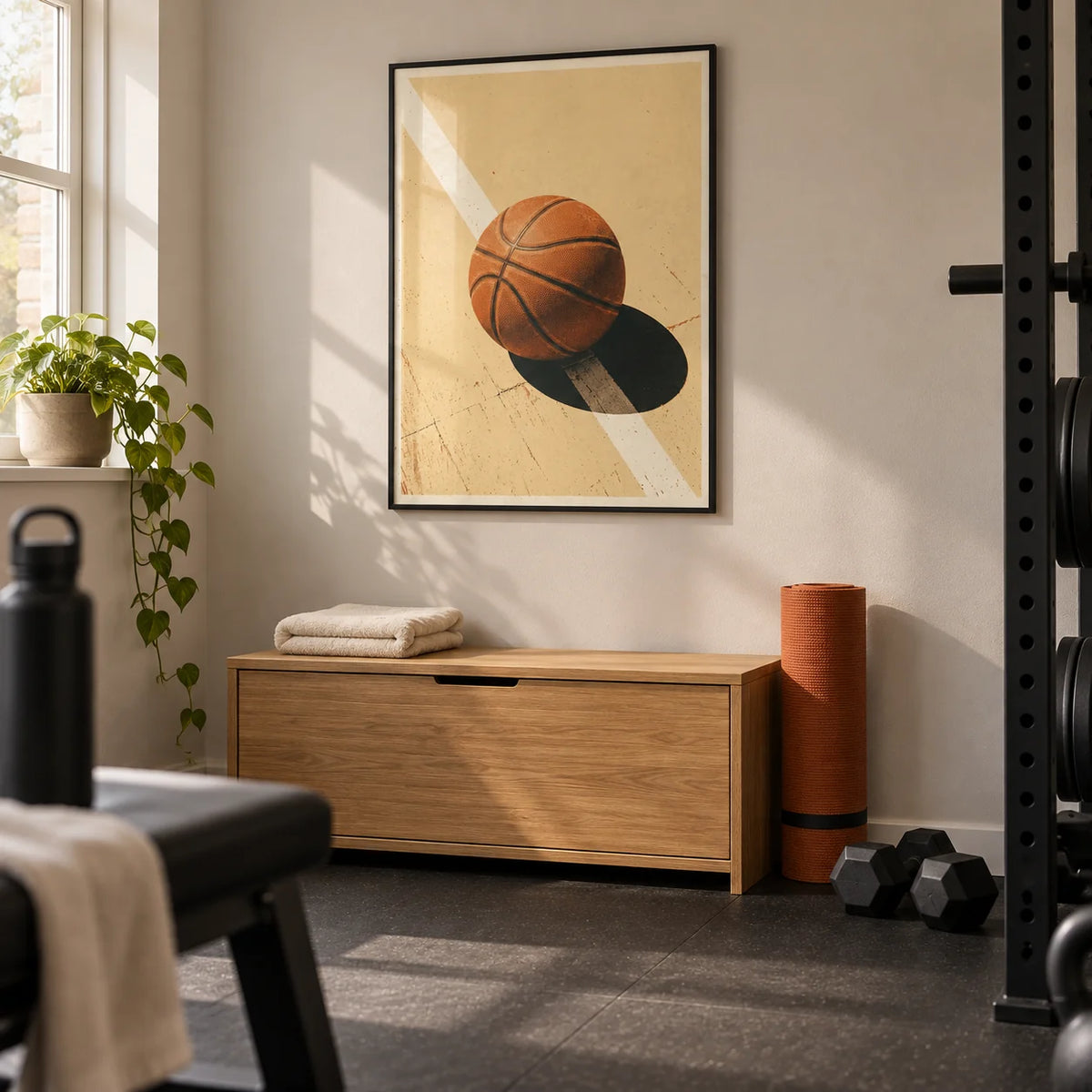 Sports Wall Art, framed on the wall of a compact home gym in a converted UK spare room with a pale warm grey wall and plain black rubber flooring