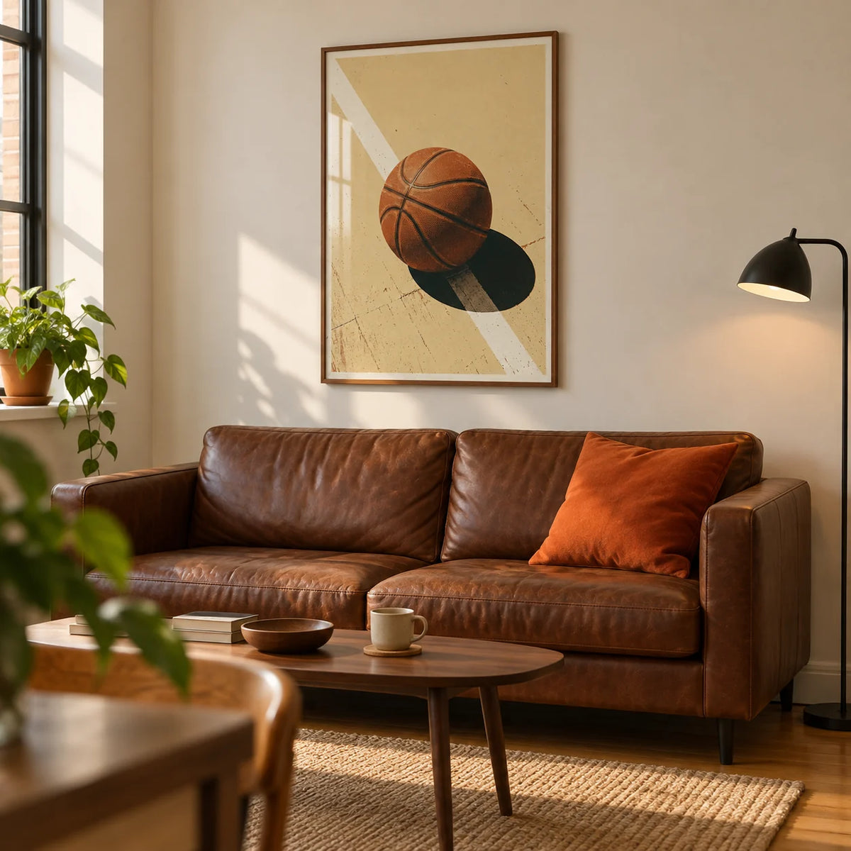 Sports Wall Art, framed on the wall of a relaxed modern living room in a young basketball fan's first UK flat (22-28)